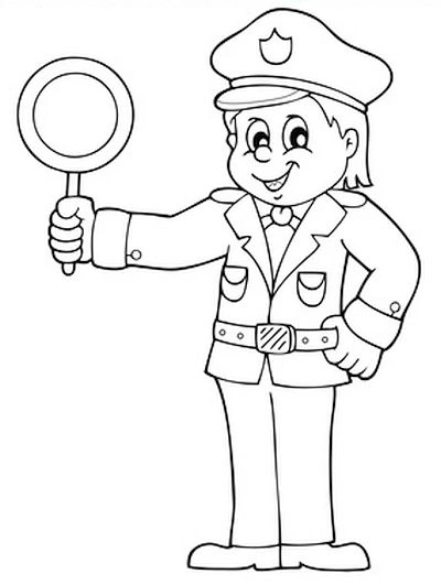 Coloring book smiling policeman with a lollipop